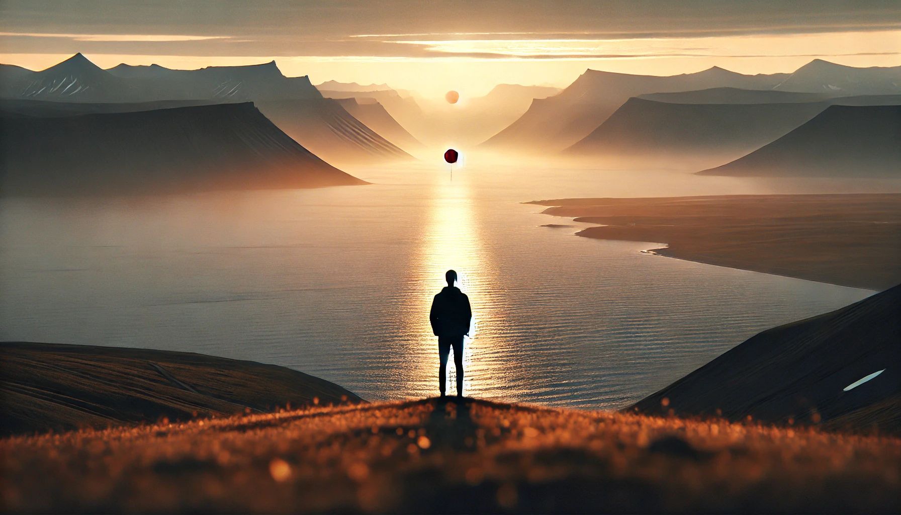 DALL·E 2024-10-07 18.17.01 - A cinematic photograph capturing a person standing at the edge of a vast landscape, gazing towards a distant red dot on the horizon that represents th